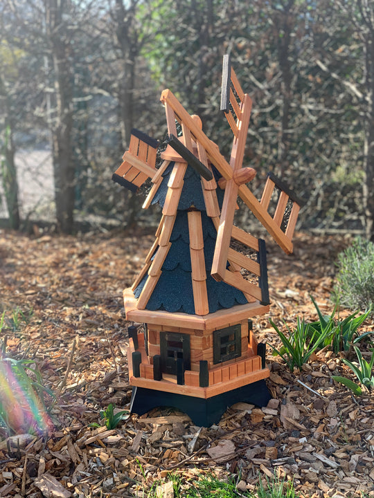 Garten-Windmühle aus Holz – 6-eckig, drehbarer Kopf, kugelgelagerte Flügel – 4 Dachfarben &amp; 2 Kopfteile wählbar