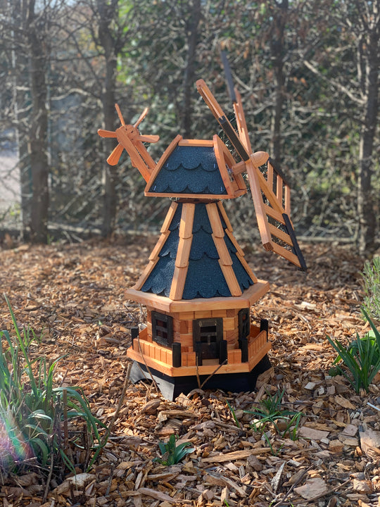 Garten-Windmühle aus Holz – 6-eckig, drehbarer Kopf, kugelgelagerte Flügel – 4 Dachfarben &amp; 2 Kopfteile wählbar