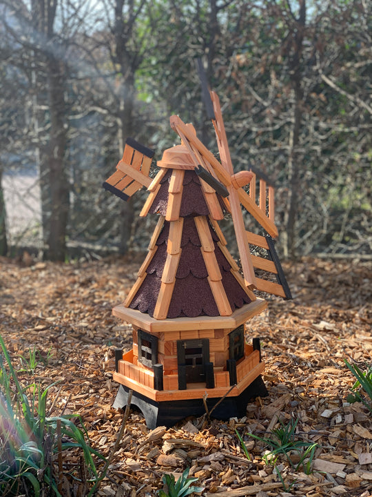 Garten-Windmühle aus Holz – 6-eckig, drehbarer Kopf, kugelgelagerte Flügel – 4 Dachfarben &amp; 2 Kopfteile wählbar