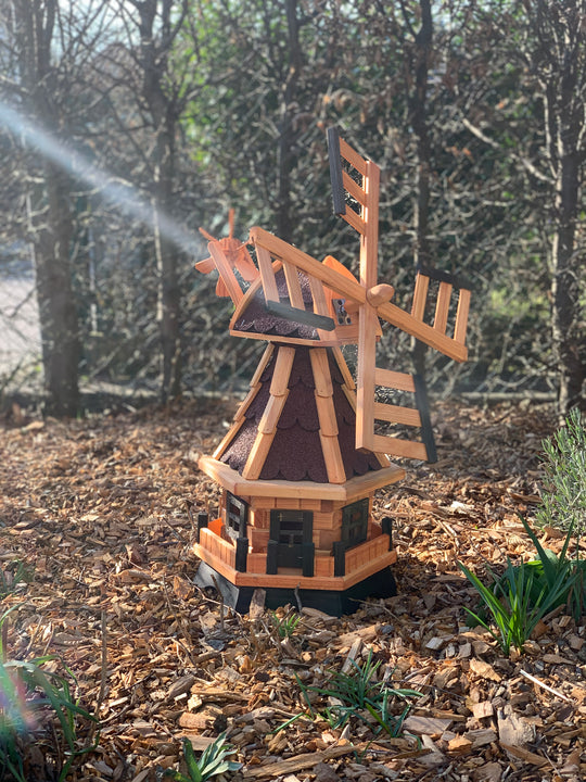 Garten-Windmühle aus Holz – 6-eckig, drehbarer Kopf, kugelgelagerte Flügel – 4 Dachfarben &amp; 2 Kopfteile wählbar