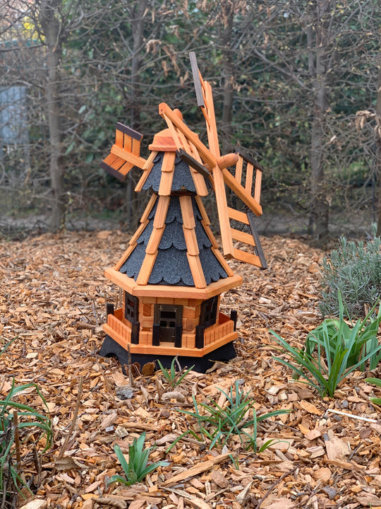 Garten-Windmühle aus Holz – 6-eckig, drehbarer Kopf, kugelgelagerte Flügel – 4 Dachfarben &amp; 2 Kopfteile wählbar