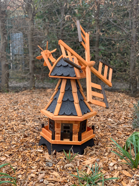 Garten-Windmühle aus Holz – 6-eckig, drehbarer Kopf, kugelgelagerte Flügel – 4 Dachfarben &amp; 2 Kopfteile wählbar