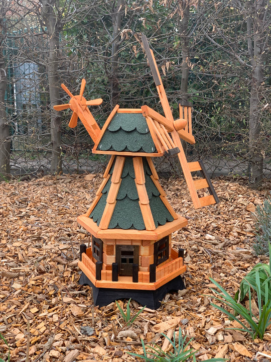 Garten-Windmühle aus Holz – 6-eckig, drehbarer Kopf, kugelgelagerte Flügel – 4 Dachfarben &amp; 2 Kopfteile wählbar