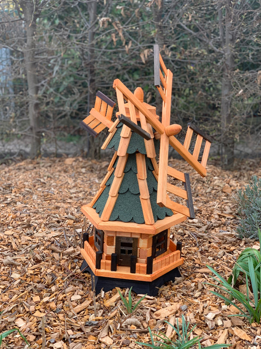 Garten-Windmühle aus Holz – 6-eckig, drehbarer Kopf, kugelgelagerte Flügel – 4 Dachfarben &amp; 2 Kopfteile wählbar