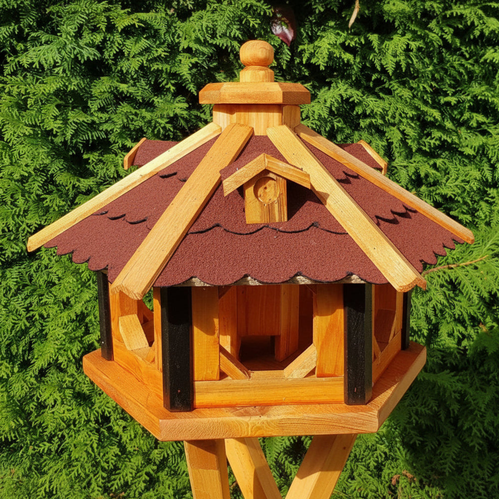 6-eckiges Holzvogelhaus mit Ständer – wetterfestes Vogelhaus für Garten & Terrasse, behandelt (Typ 9)