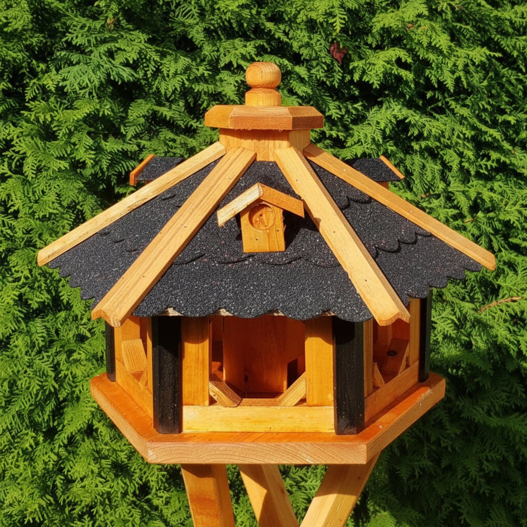 6-eckiges Holzvogelhaus mit Ständer – wetterfestes Vogelhaus für Garten &amp; Terrasse, behandelt (Typ 9)