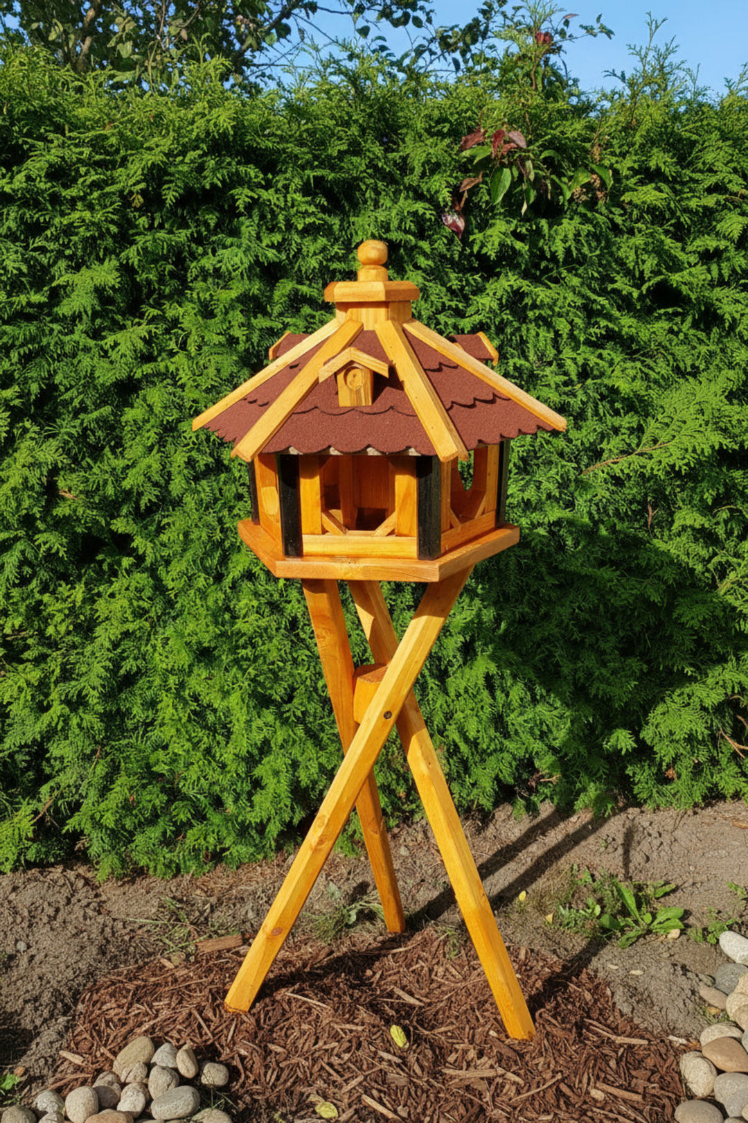 6-eckiges Holzvogelhaus mit Ständer – wetterfestes Vogelhaus für Garten &amp; Terrasse, behandelt (Typ 9)