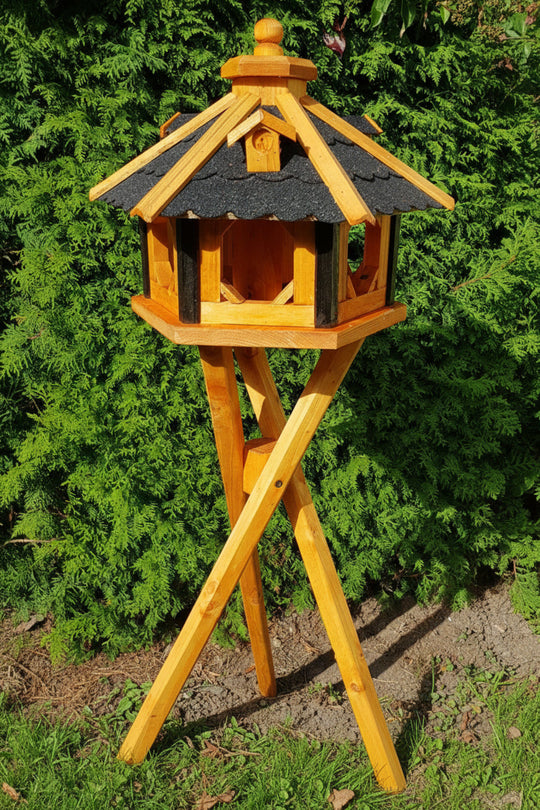 6-eckiges Holzvogelhaus mit Ständer – wetterfestes Vogelhaus für Garten &amp; Terrasse, behandelt (Typ 9)