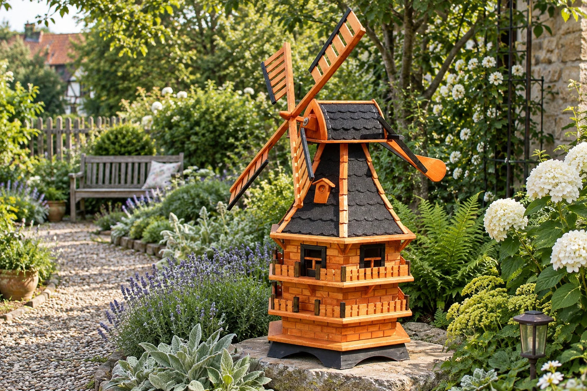 AI-gegenereerde tuinomgeving van een houten windmolen tussen lavendel en witte hortensia's