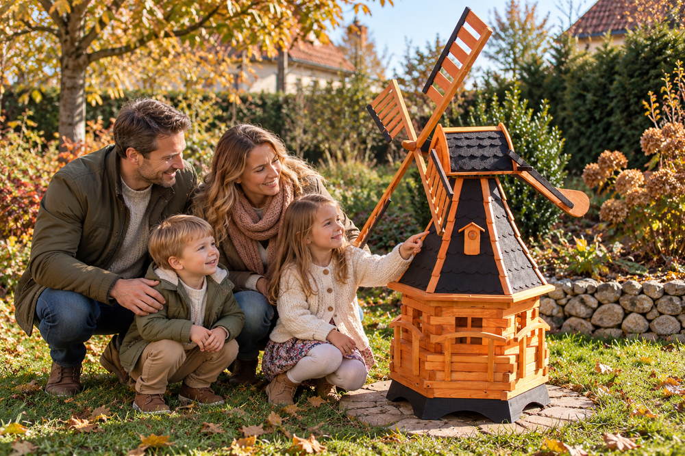 KI-generierte Gartenszene mit Eltern, fünfjähriger Tochter und dreijährigem Sohn neben einer Holzwindmühle.