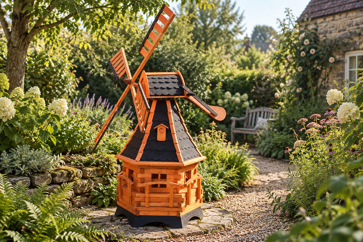 Gestaltetes Gartenmotiv mit Windmühle Typ 20 an einem Gartenweg neben Blumen und einer Gartenbank