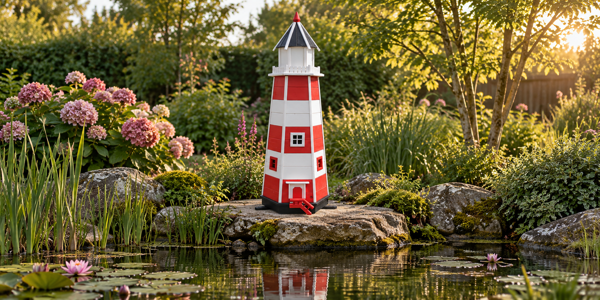 Gestaltetes Gartenmotiv mit Leuchtturm 2 neben einem Teich