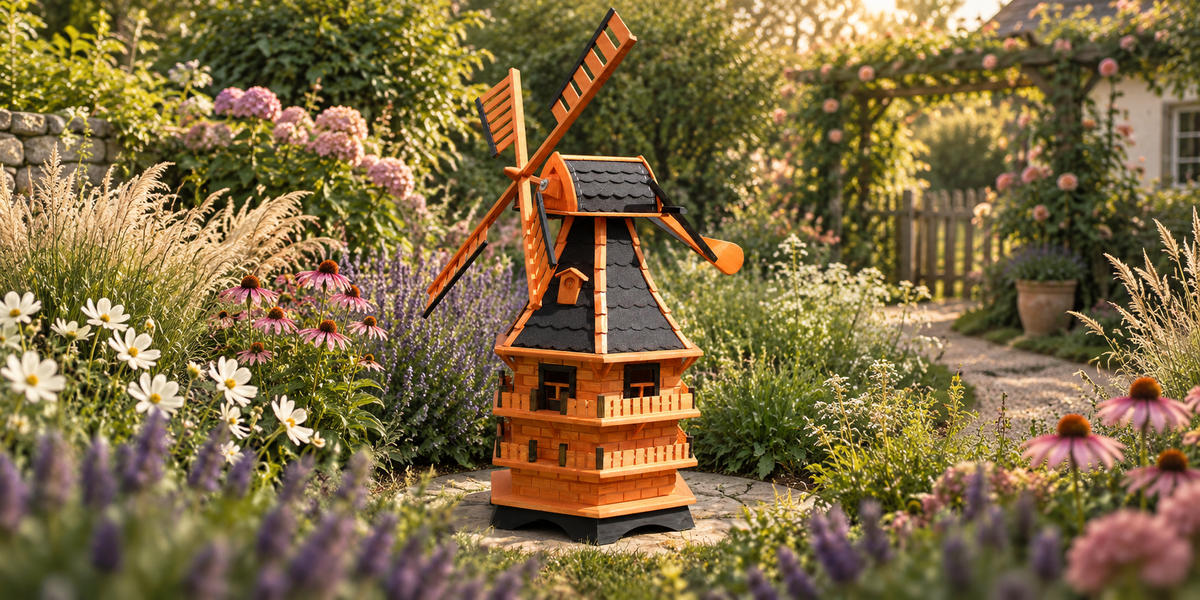 Gestaltetes Gartenmotiv mit Windmühle 21 zwischen Blumen