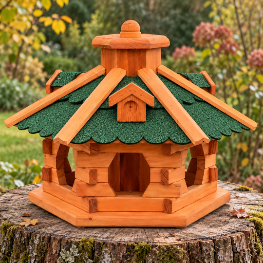 Vogelhaus Typ 4 mit grünem Dach ohne Ständer auf einem Baumstumpf im Garten