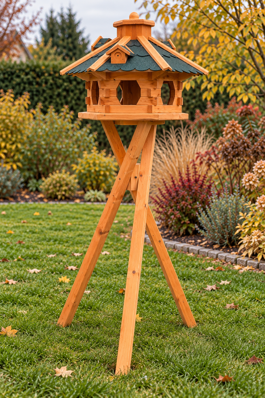 Vogelhaus Typ 4 mit grünem Dach und Dreibeinständer im Garten, von rechts aus niedrigerer Kameraposition fotografiert