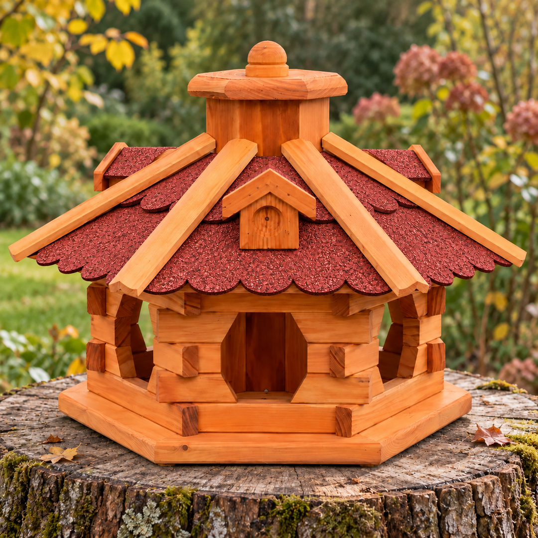 Vogelhaus Typ 4 mit rotem Dach ohne Ständer auf einem Baumstumpf im Garten