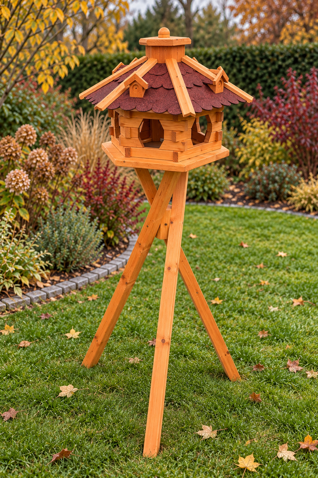 Vogelhaus Typ 4 mit rotem Dach und Dreibeinständer im Garten, seitlich von links und leicht erhöht fotografiert