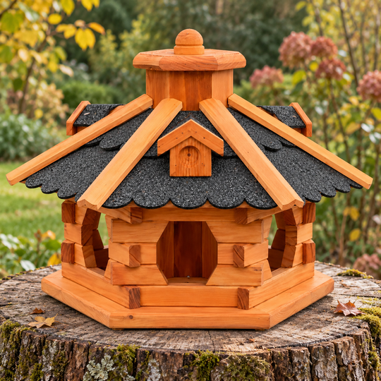 Vogelhaus Typ 4 mit schwarzem Dach ohne Ständer auf einem Baumstumpf im Garten