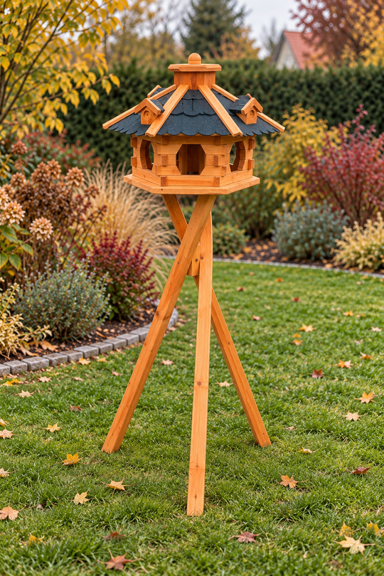 Vogelhaus Typ 4 mit schwarzem Dach und Dreibeinständer im Garten, seitlich auf Höhe der Futterplattform fotografiert