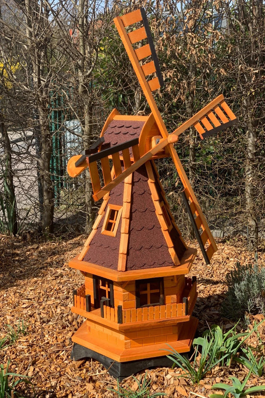 Holländische XL-Gartenwindmühle aus Holz  Mit oder ohne Solarbeleuchtung – 130 cm Blickfang für Ihren Garten
