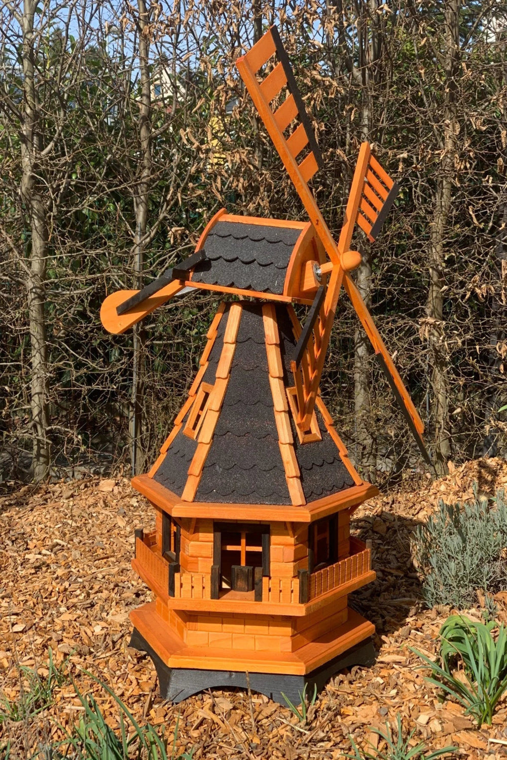 Holländische XL-Gartenwindmühle aus Holz  Mit oder ohne Solarbeleuchtung – 130 cm Blickfang für Ihren Garten