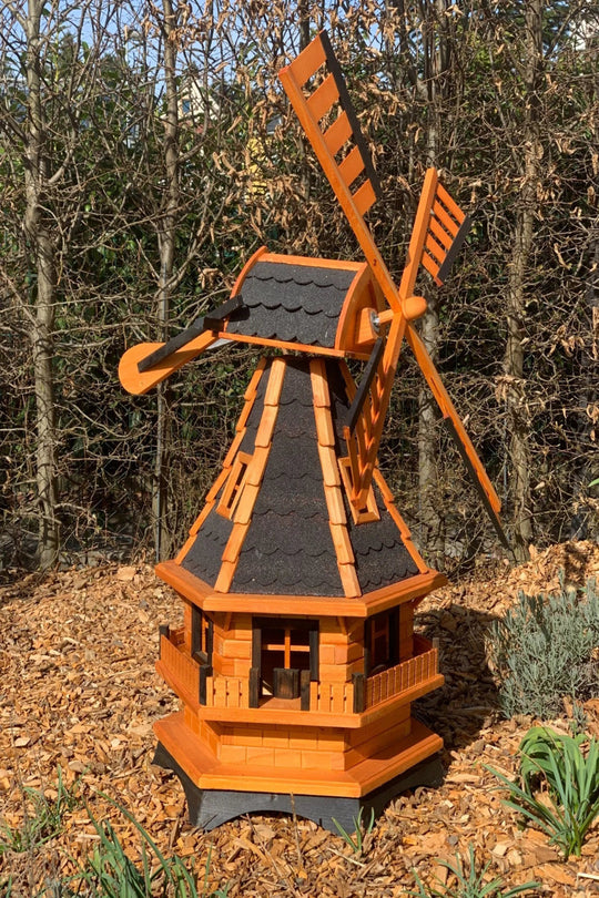 Holländische XL-Gartenwindmühle aus Holz  Mit oder ohne Solarbeleuchtung – 130 cm Blickfang für Ihren Garten