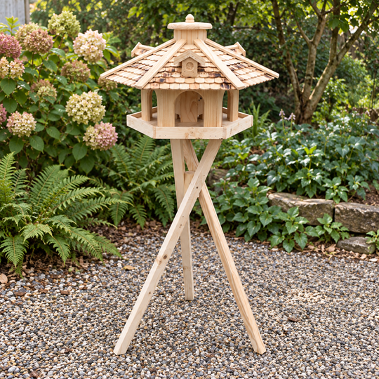 Vogelhaus 32 Natur – mit Dreibeinständer im Garten auf einem Kiesplatz
