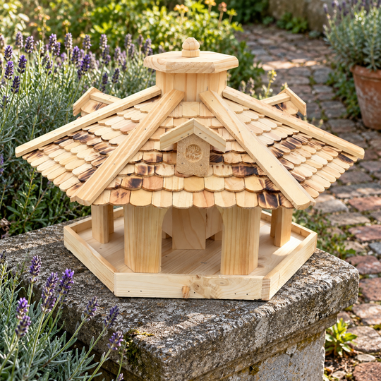Vogelhaus 32 Natur – ohne Ständer auf einem Steinsockel im Garten