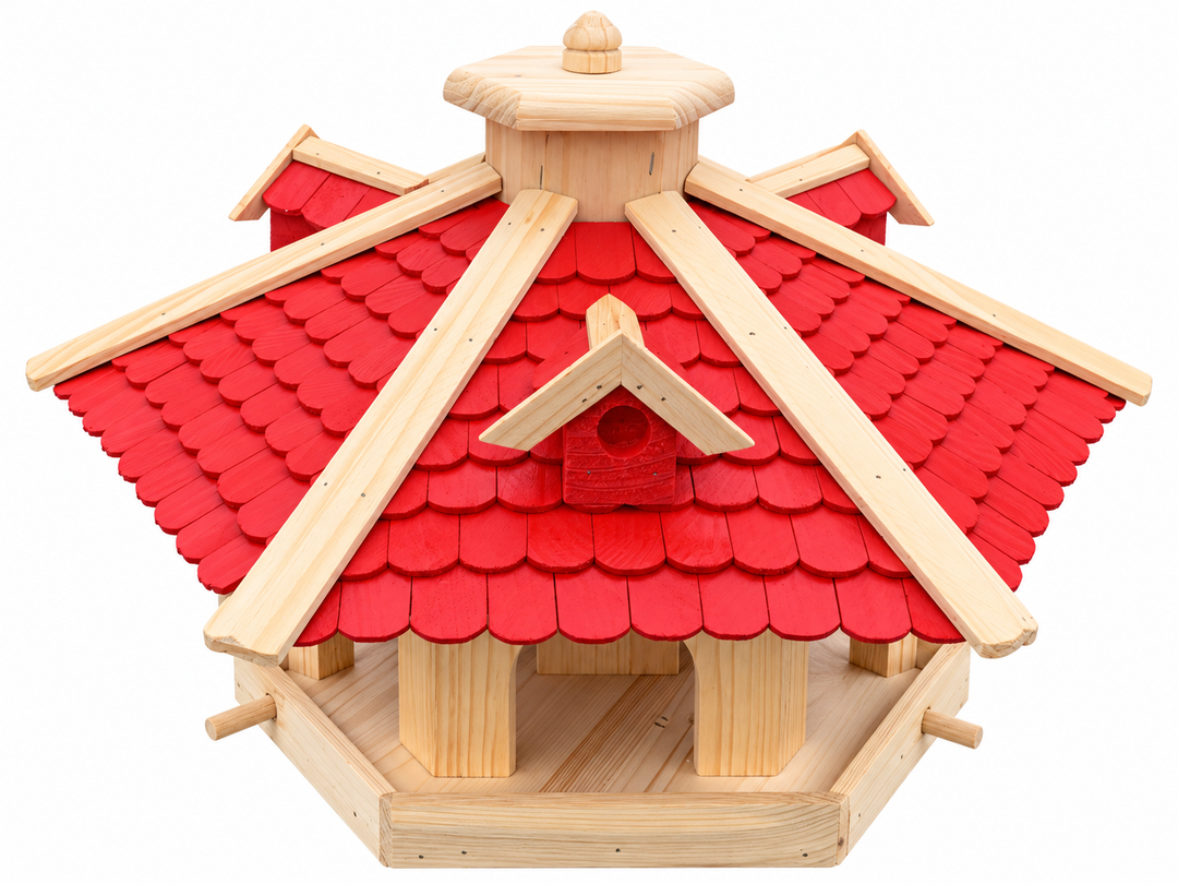 Vogelhaus 32 Rot/Natur – Detail des roten Holzschindeldachs
