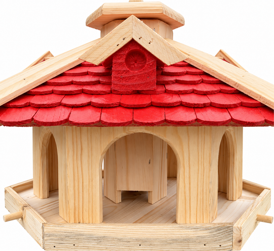 Vogelhaus 32 Rot/Natur – Futterschacht und Futteröffnung im Detail