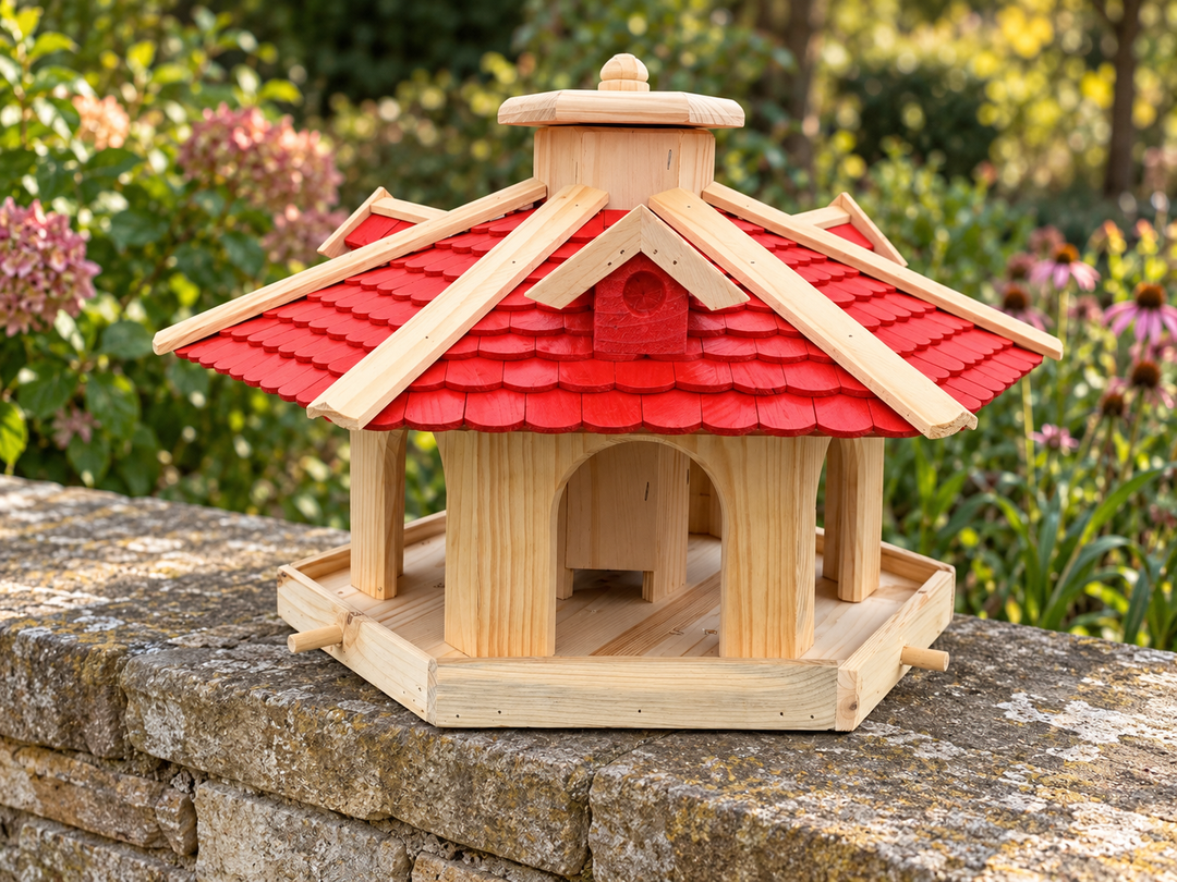 Vogelhaus 32 Rot/Natur – ohne Ständer auf einer Steinmauer im Garten