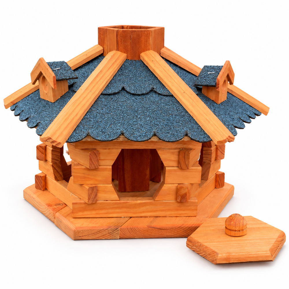 Vogelhaus 4 blau mit abgenommenem Deckel zum Befüllen