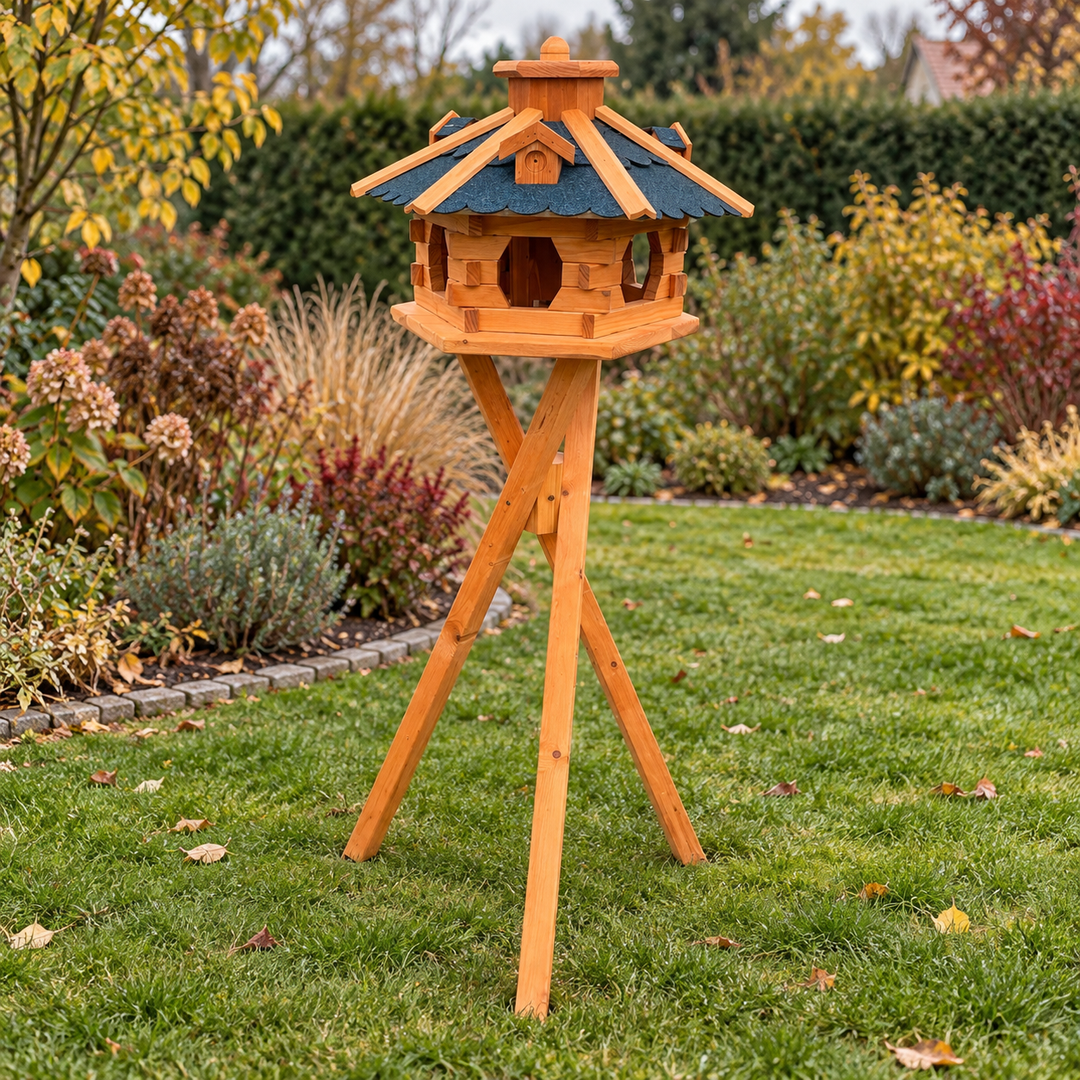 Vogelhaus 4 mit blauem Dach und Dreibeinständer im herbstlichen Garten
