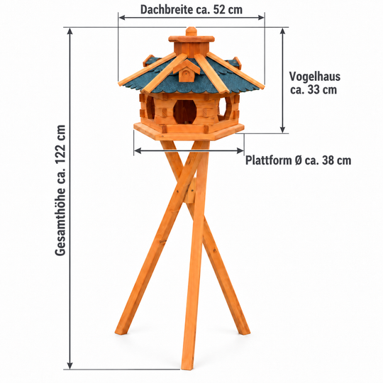 Maße Vogelhaus 4 blau mit Ständer: Gesamthöhe ca. 122 cm, Dachbreite ca. 52 cm