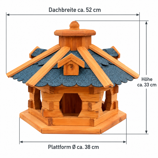 Maße Vogelhaus 4 blau ohne Ständer: Höhe ca. 33 cm, Dachbreite ca. 52 cm, Plattform ca. 38 cm