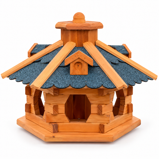 Vogelhaus 4 mit blauem Dach ohne Ständer vor weißem Hintergrund