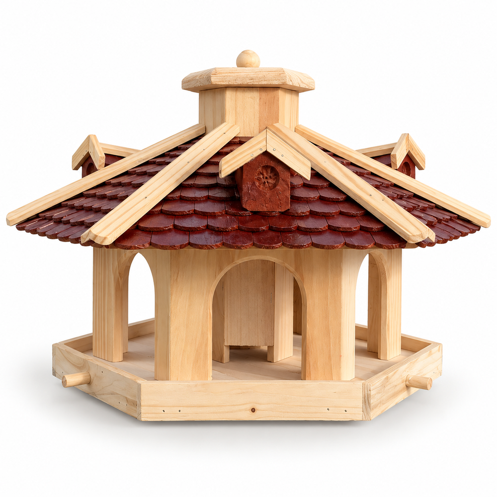 Sechseckiges Vogelhaus in Braun/Natur mit Holzschindeldach ohne Ständer vor weißem Hintergrund