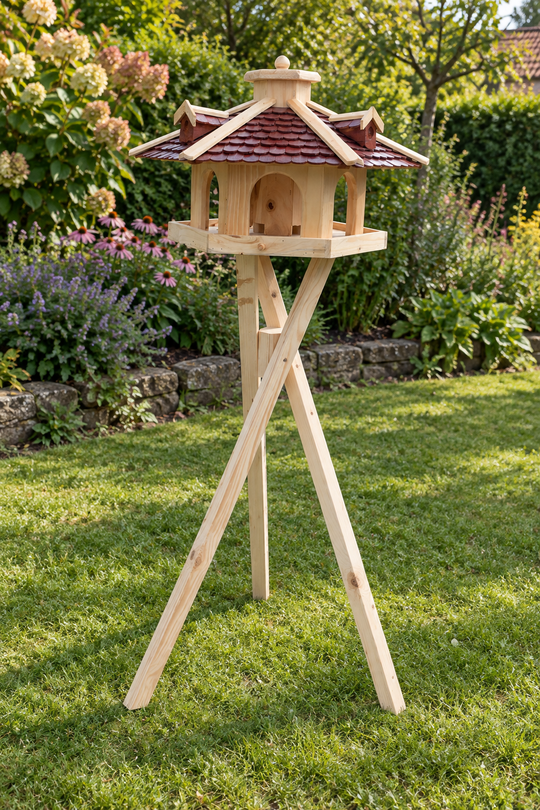 Sechseckiges Vogelhaus in Braun/Natur mit Holzschindeldach und Dreibeinständer auf einer Gartenwiese