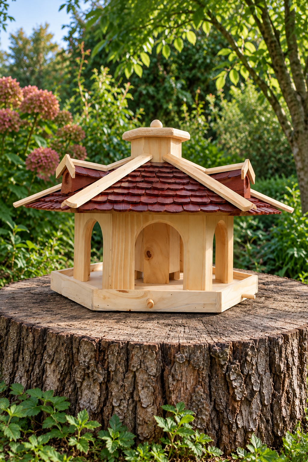 Sechseckiges Vogelhaus in Braun/Natur mit Holzschindeldach ohne Ständer auf einem Baumstumpf im Garten, aus seitlichem Blickwinkel
