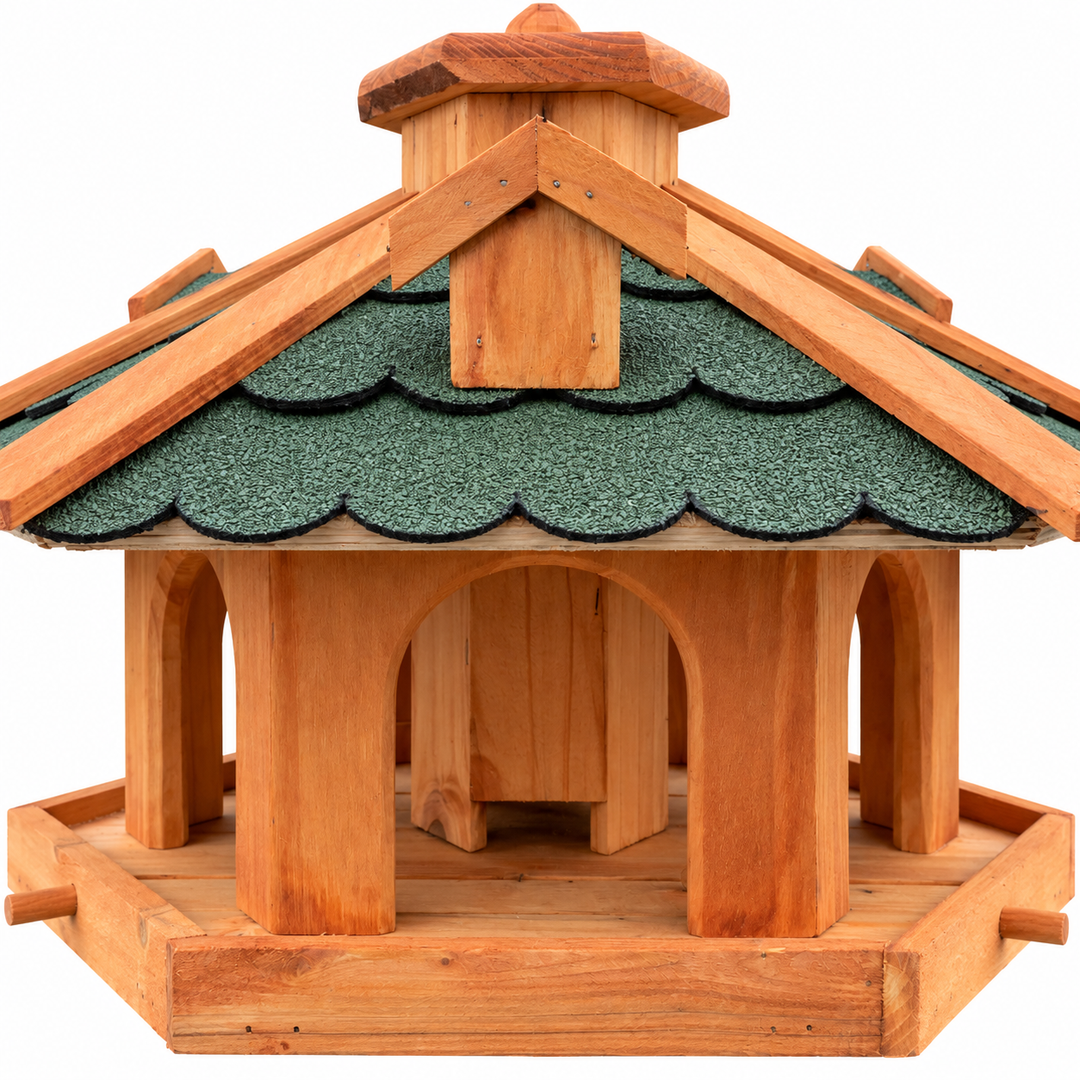 Sechseckiges Vogelfutterhaus mit grünem Bitumendach – Futterschacht und untere Futteröffnung im Detail