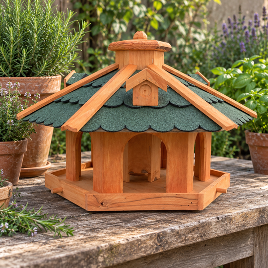 Sechseckiges Vogelfutterhaus mit grünem Bitumendach – ohne Ständer im Garten
