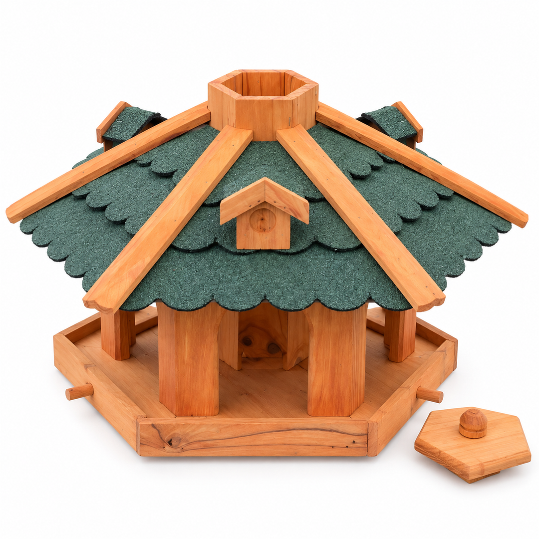 Sechseckiges Vogelfutterhaus mit grünem Bitumendach – ohne Ständer mit abgenommenem Deckel
