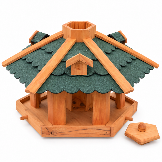 Sechseckiges Vogelfutterhaus mit grünem Bitumendach – ohne Ständer mit abgenommenem Deckel