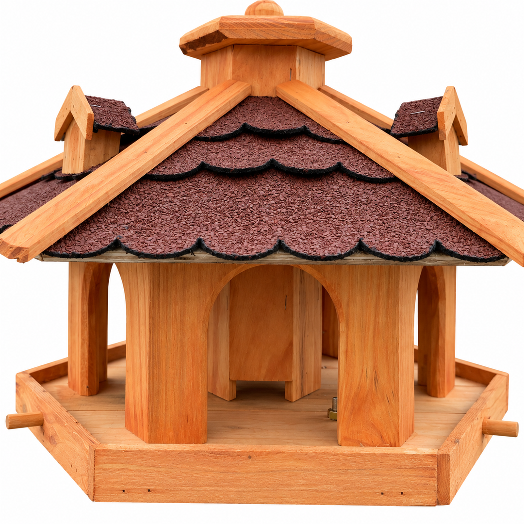 Sechseckiges Vogelfutterhaus mit rotem Bitumendach – Futterschacht und untere Futteröffnung im Detail