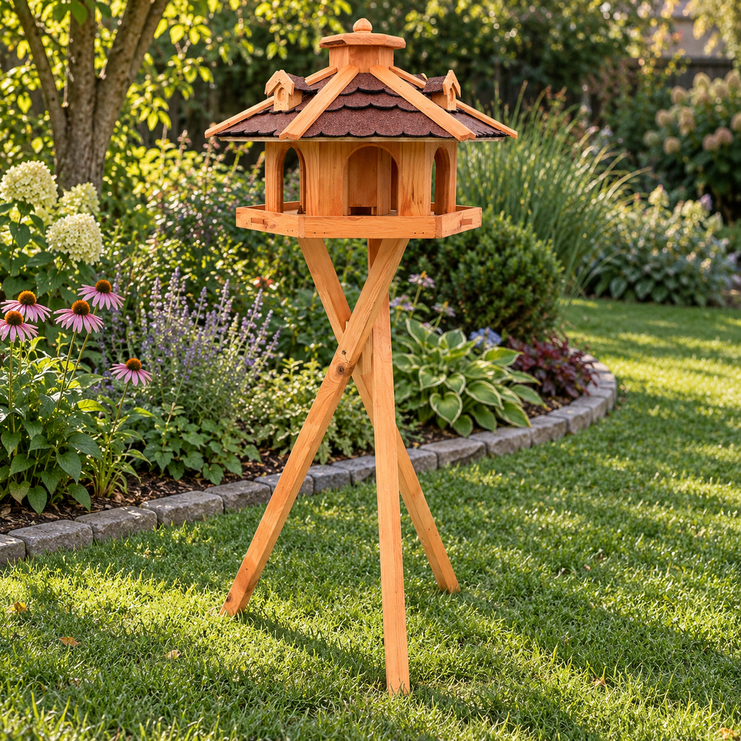 Sechseckiges Vogelfutterhaus mit rotem Bitumendach – mit Dreibeinständer im Garten