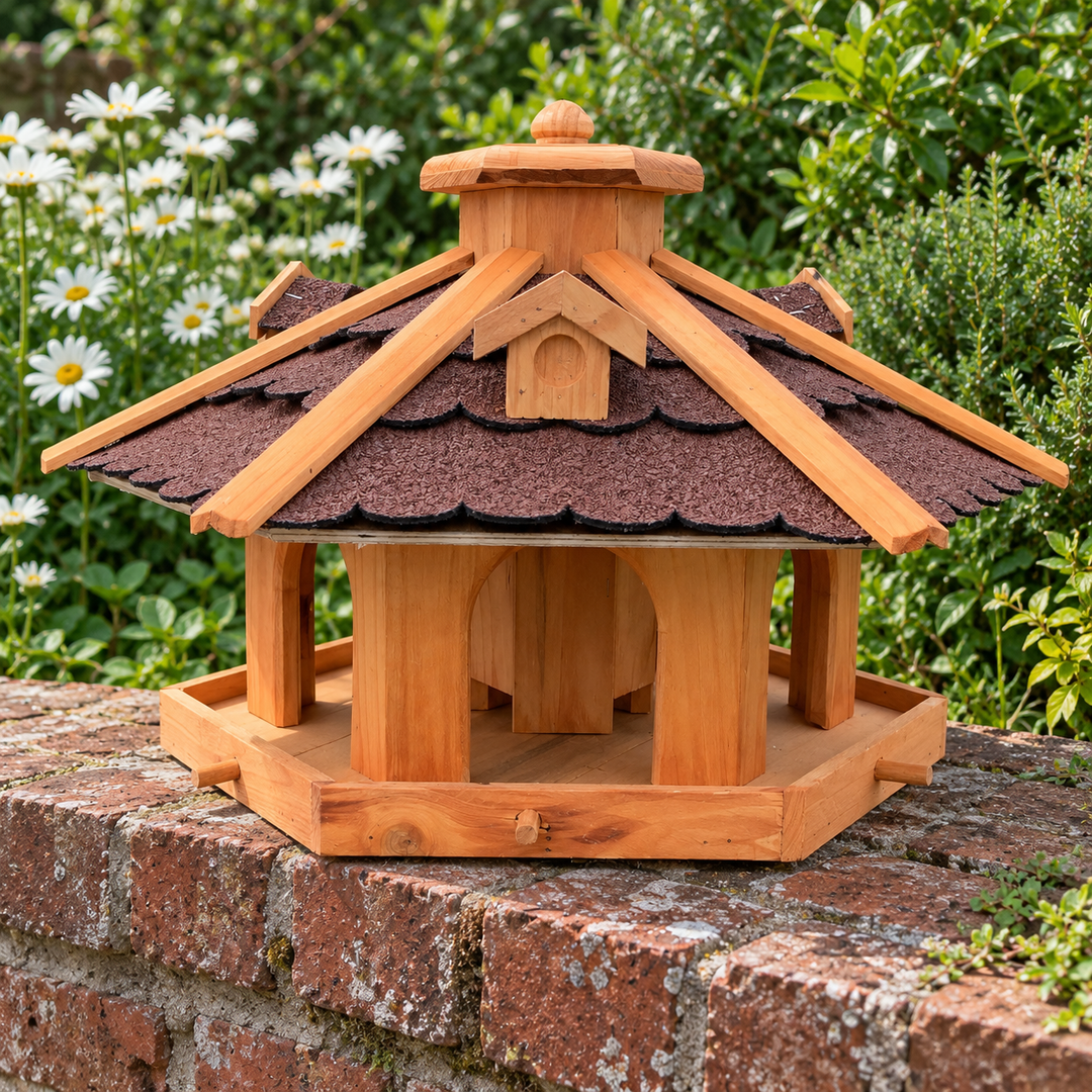 Sechseckiges Vogelfutterhaus mit rotem Bitumendach – ohne Ständer im Garten