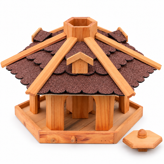 Sechseckiges Vogelfutterhaus mit rotem Bitumendach – ohne Ständer mit abgenommenem Deckel