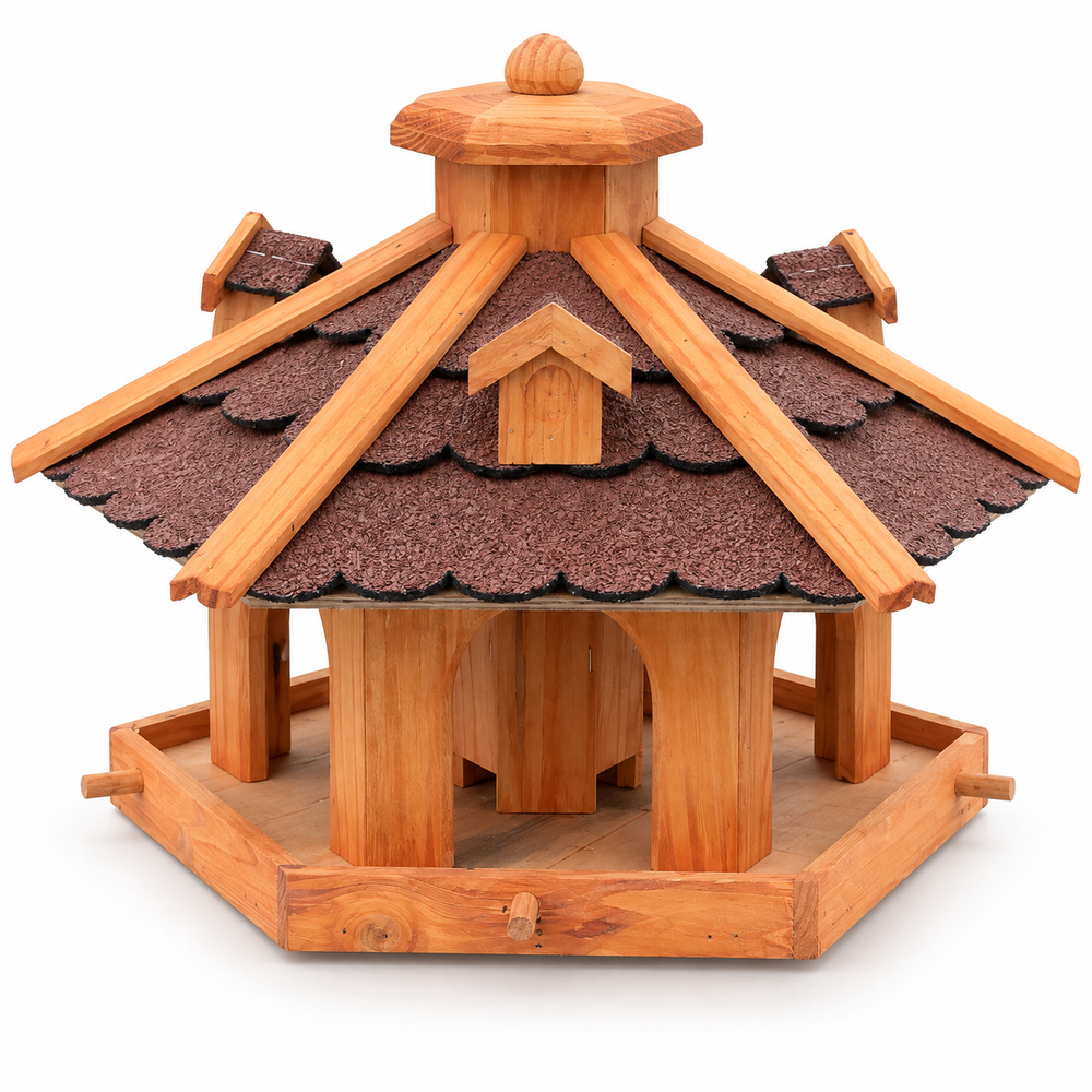Sechseckiges Vogelfutterhaus mit rotem Bitumendach – ohne Ständer auf weißem Hintergrund