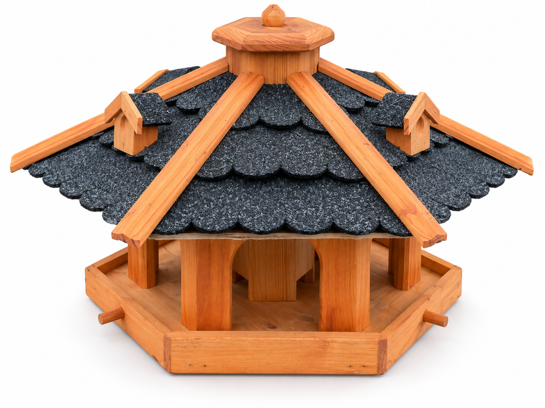 Sechseckiges Vogelfutterhaus mit schwarzem Bitumendach – Bitumenschindeldach und Ziergauben im Detail