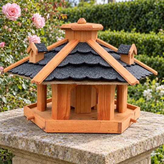 Sechseckiges Vogelfutterhaus mit schwarzem Bitumendach – ohne Ständer im Garten